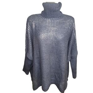 Angela Mara Blue and Silver Shimmery Turtleck High Low Dolman Sleeve Sweater S/M